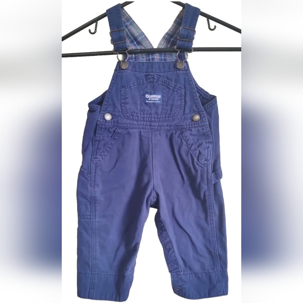 Oshkosh B'gosh Overalls Blue Plaid Trim Interior Tag Tide Tag Size 12 Mo…